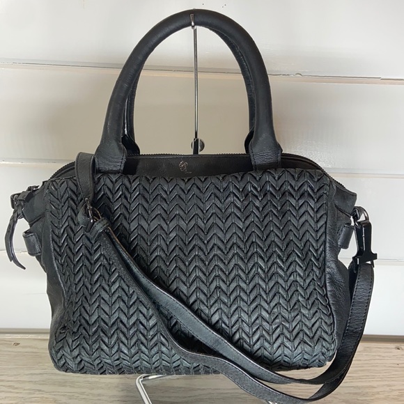 ELLIOTT LUCCA Woven Black Leather Satchel Crossbody - Picture 1 of 8